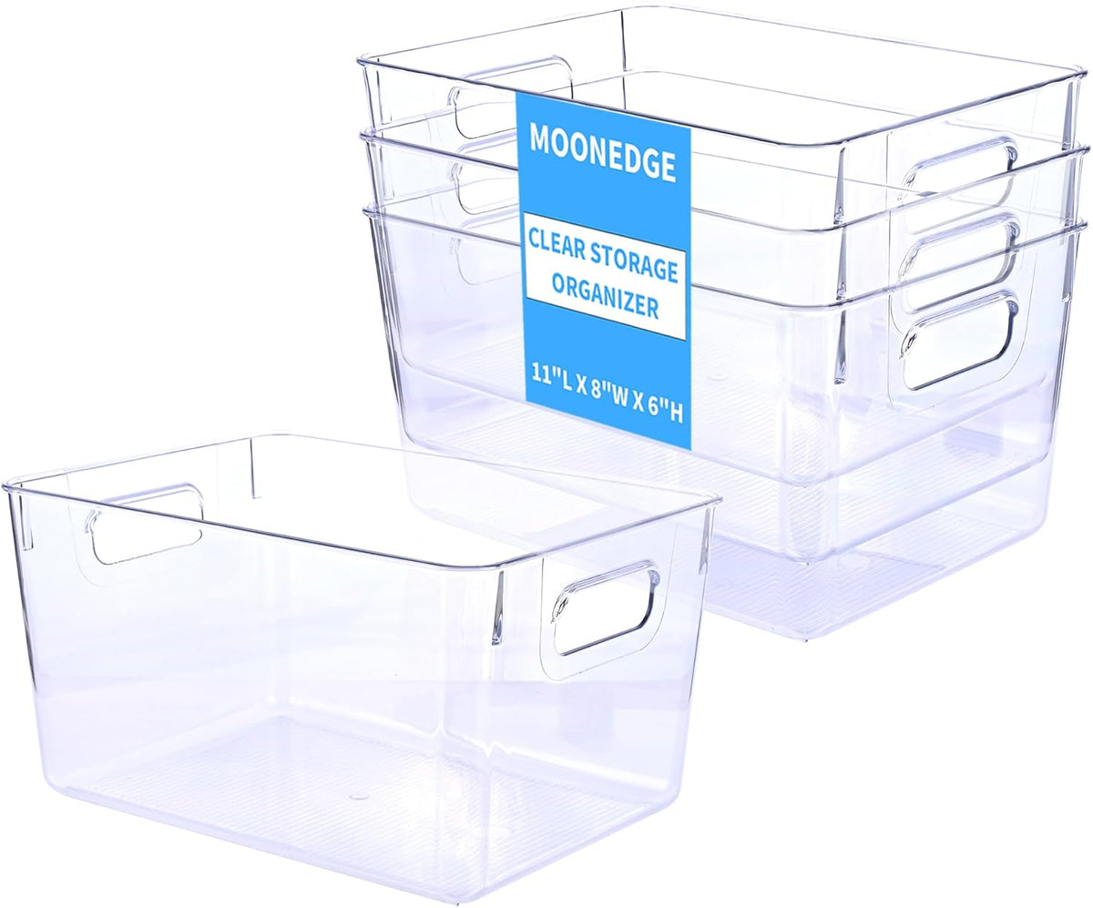 MOONEDGE Set of 4 Clear Plastic Organizer Bins, 2 Large & 2 Small Storage Bins for Pantry, Nestable Space-Saving Containers for Cabinets, Under-Sink, Bathroom, Kitchen & Freezer Organization