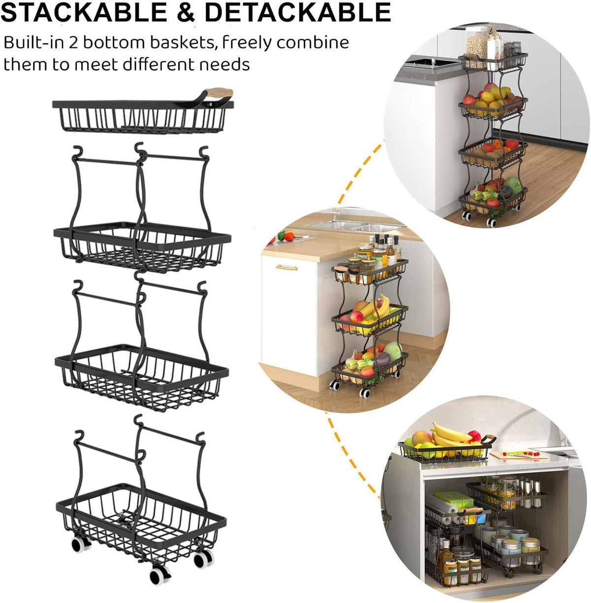 CHLORYARD 4 Tier Slim Fruit Basket for Kitchen, Stackable Metal Wire Fruit Vegetable Storage Baskets Organizer Stand on Wheels, Produce Basket Potato Onion Storage Bins Rack for Pantry. (Black)
