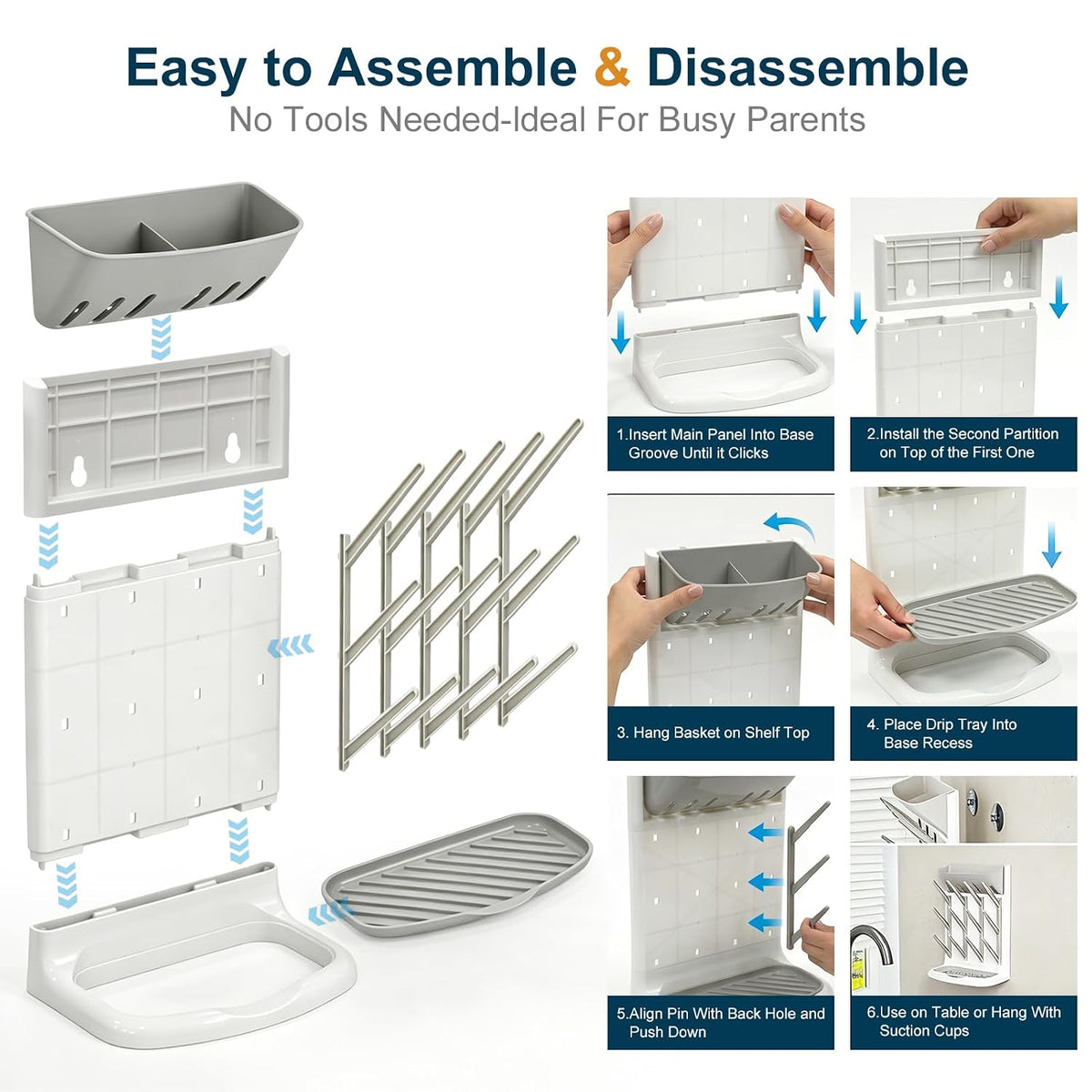 GoMaihe Baby Bottle Drying Rack: Space Saving Vertical Bottle Dryer Holder - Newborn Accessories Storage Stand Organize Brushes Pacifiers on Countertop - BPA-Free - Gray