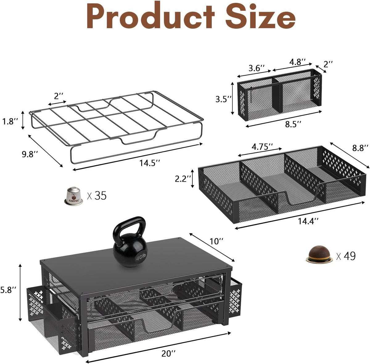 Ekisemio K Cup Organizer, Coffee Pod Holder for Counter with 2 Tier Sliding Storage Drawer & Hanging Baskets, Holds 63 Large or 80 Small Capsules for Coffee Bar, Black