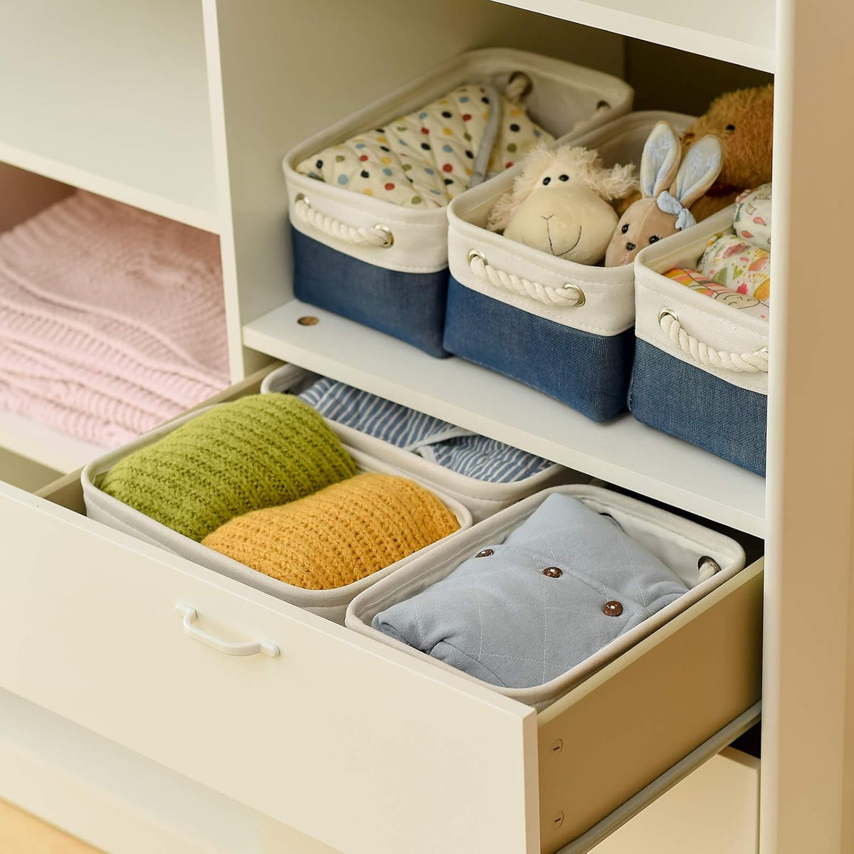 Fabric Storage Bins 12x8x5 inch [6-Pack] with Rope Handles - Decorative Baskets for Organizing
