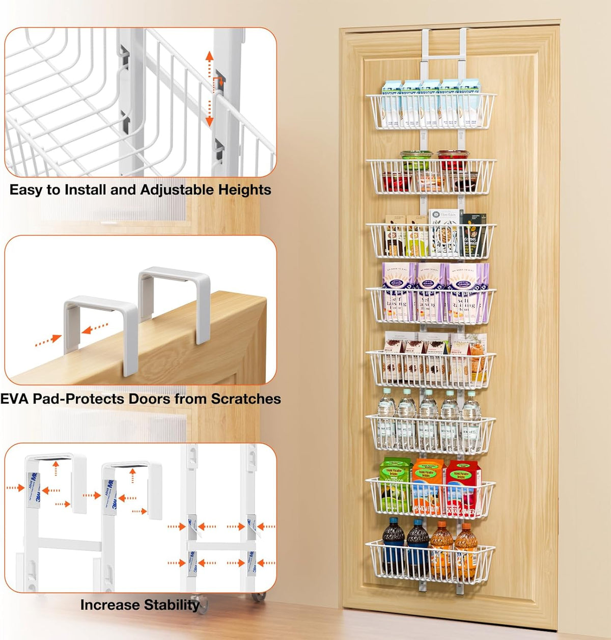 10 Tier Over the Door Pantry Organizer, Over the Door Spice Rack with Adjustable Baskets, Metal Hanging Door Pantry Organizers and Storage for Kitchen Bathroom Bedroom, White