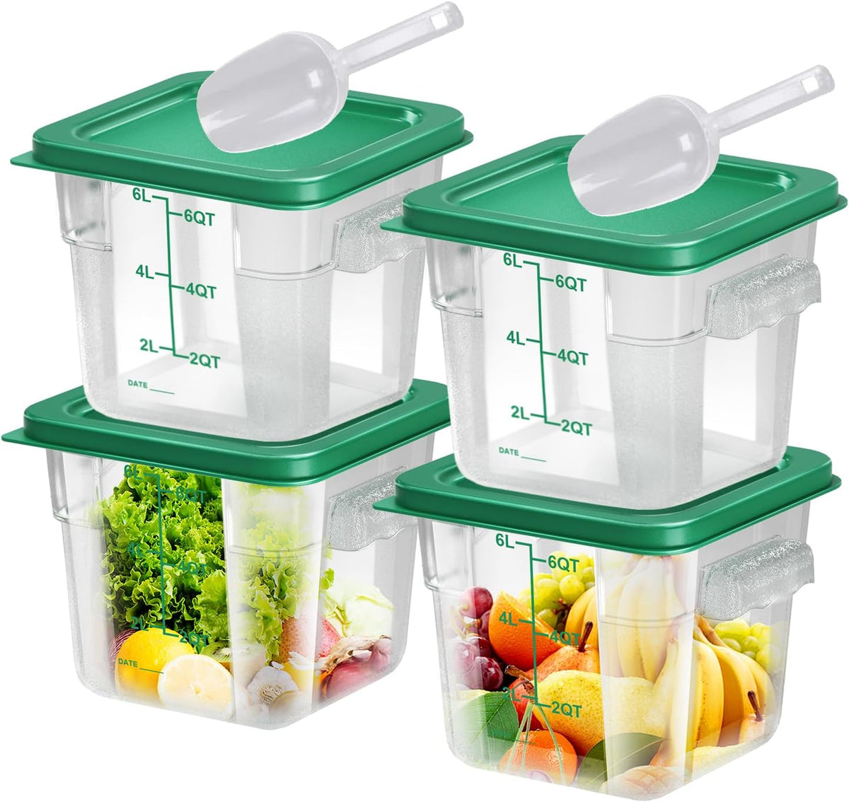 4 pcs 4qt Food Storage Containers with Lid, Square Clear Commercial Food Storage Containers with Handle and Scale for Food Storage in Home Kitchen & Dining (Green)