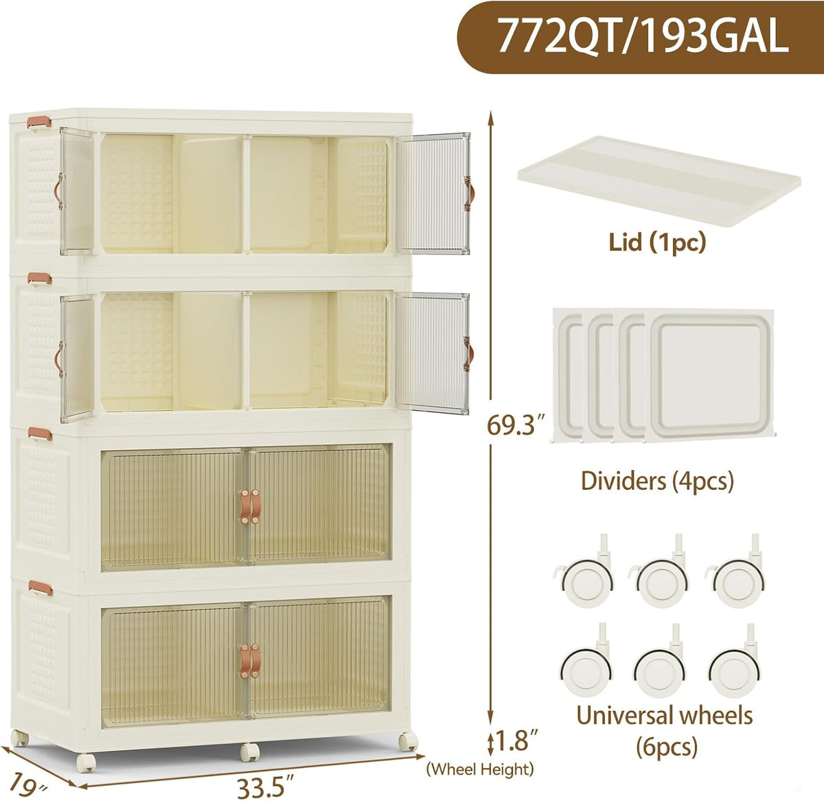 SAILUN 145Gal/580Qt Stackable Storage Bins Folding Collapsible Storage Bins with a Lid, Closet Organizers and Storage,White 26" W x 17" D x 71" H