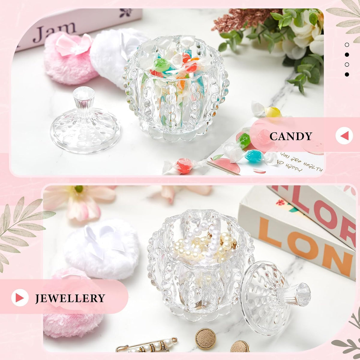Tioncy 3 Pcs Large Body Powder Puff and Container Valentine's Day gift Powder Container with Puff Crystal Case Soft Washable Reusable Velour Face Body Glitter Wet Dry Makeup (Classic,Clear)