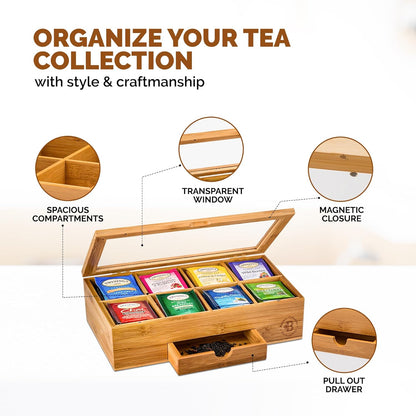 Tea Bag Organizer with Drawer - Bamboo Tea Box Organizer, 8-Compartment Tea Storage Box with Acrylic Lid and Magnetic Closure, Tea Box for Kitchen Counter, Gifts for Mom, Wife, Tea Lovers