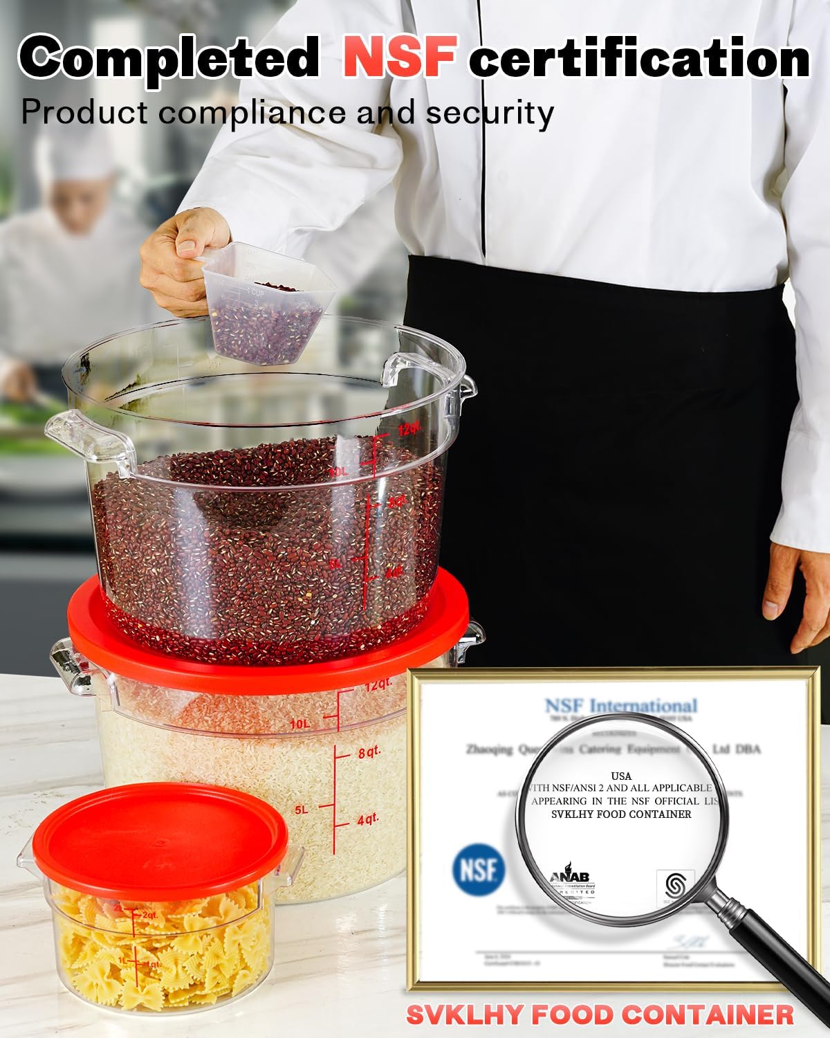 4QT NSF Food Storage Containers: 8 PCS [Food Grade][Hot&Cold Resistant] Commercial Clear Food Storage Containers with Lids for Restaurant Kitchen Proof Dough, Measuring Spoons Included(BPA FREE) - Colors A