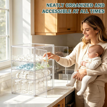 Baby Bottle Organizer, 3-Tier Bottle Storage for Countertop with Double Magnetic Doors, Clear Plastic Bottle Station Organizer Mom Gifts with 2 Dividers for Kitchen, Bathroom, Cabinet, Vanity