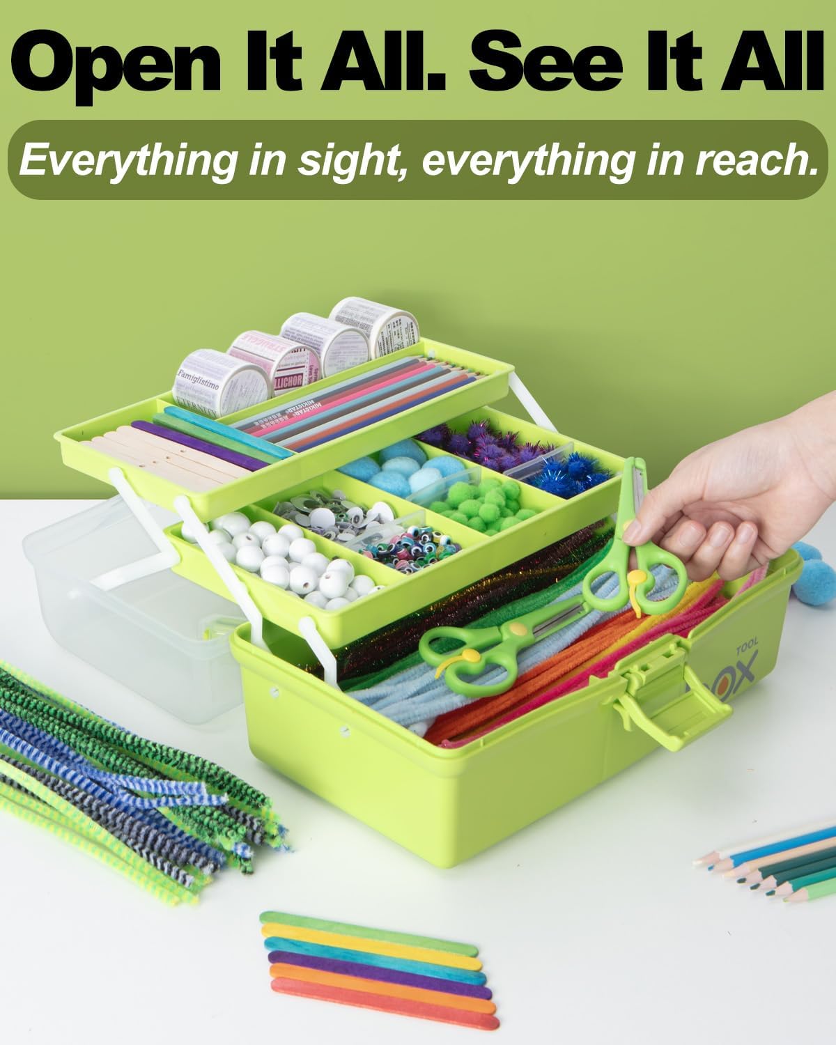 TERGOO 12in 3-Layer Plastic Craft Organizers and Storage, Portable Folding Tackle Box with Handle & Adjustable Dividers, Multipurpose Case for Sewing, Art Supplies, Medicine, Tools (Blue)