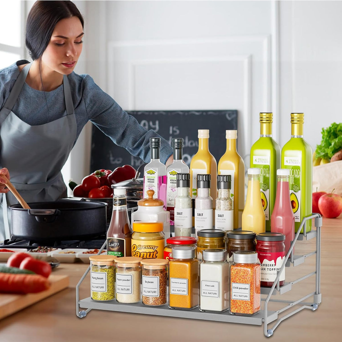 RCHYFEED Spice Rack Organizer for Cabinet Pantry,4 Tier Spice Rack Countertop, Depth Adjustable Spice Organization for Cabinet,Tierd Seasoning Organizer for Cabinet(Black) | for Cabinet Pantry