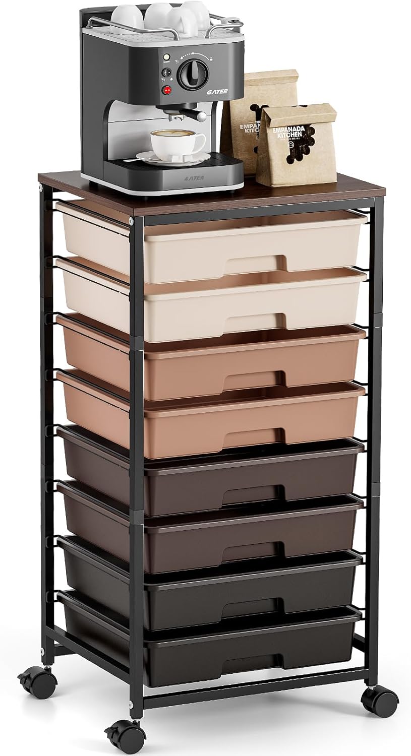 Rolling Cart with Drawers, Pink Cart with 8 Plastic Drawer Storage and Wooden Tabletop, Craft Storage, Teacher Cart, Storage Cart on Wheels, Rose Pink