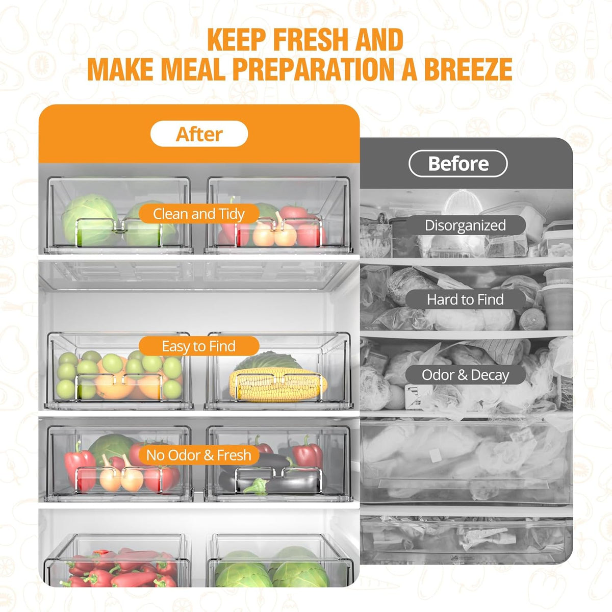 BOICHU 2 Pack Stackable Storage Drawers - Clear Refrigerator Drawers for Refrigerator Organizers and Storage, Acrylic Fridge Drawer Organizer with Handles for Bathroom, Undersink, Cabinet, Pantry, etc