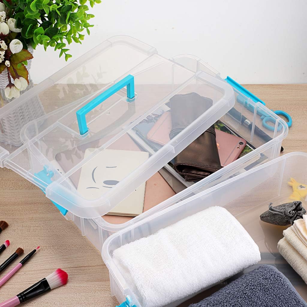 JUXYES 2-Tiers Stack Carry Storage Box With Handle, Transparent Stackable Storage Bin With Handle Lid Latching Storage Container for School & Office Supplies (Red)