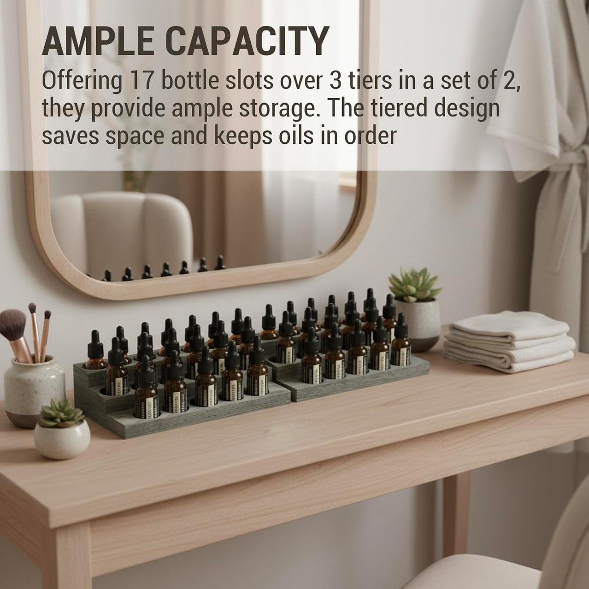 MyGift Vintage Gray Wood 3-Tier Essential Oil Display Stands, Countertop Organizer Rack for 17 Bottles Each