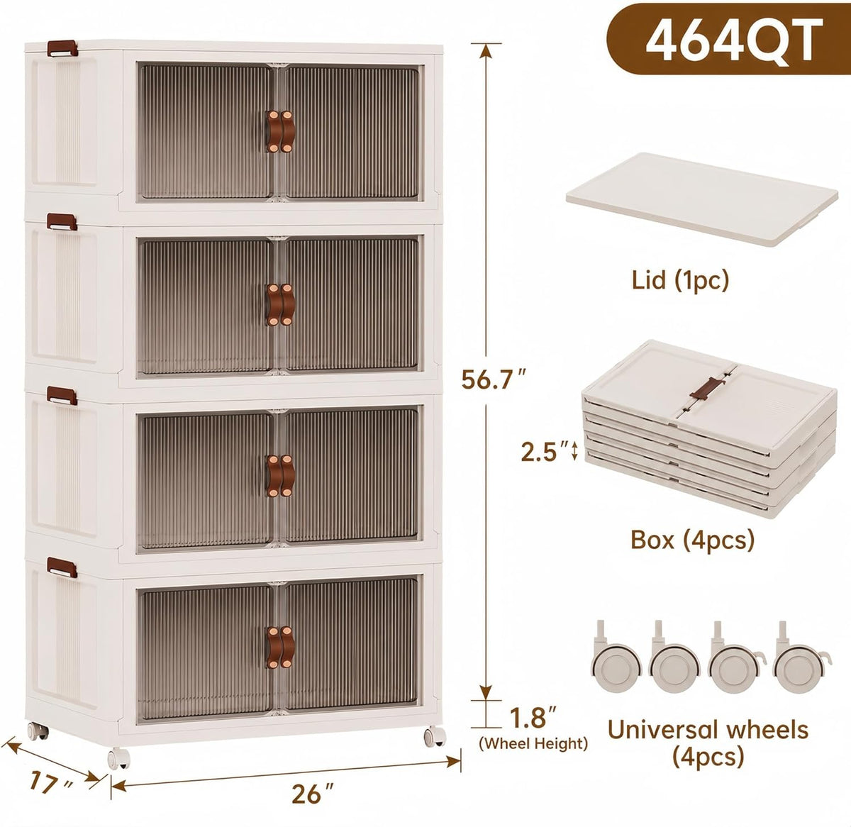 SAILUN 145Gal/580Qt Stackable Storage Bins Folding Collapsible Storage Bins with a Lid, Closet Organizers and Storage,White 26" W x 17" D x 71" H