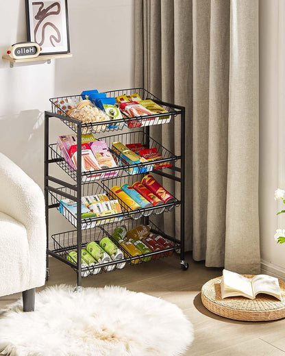 Evermagin 25.2''W Kitchen Storage Cart, Rolling Snack Cart, 4 Tier Fruit Basket Vegetable Stand, Metal Pantry Storage Organizer with 8 Removable Baskets for Onion Potato, Black