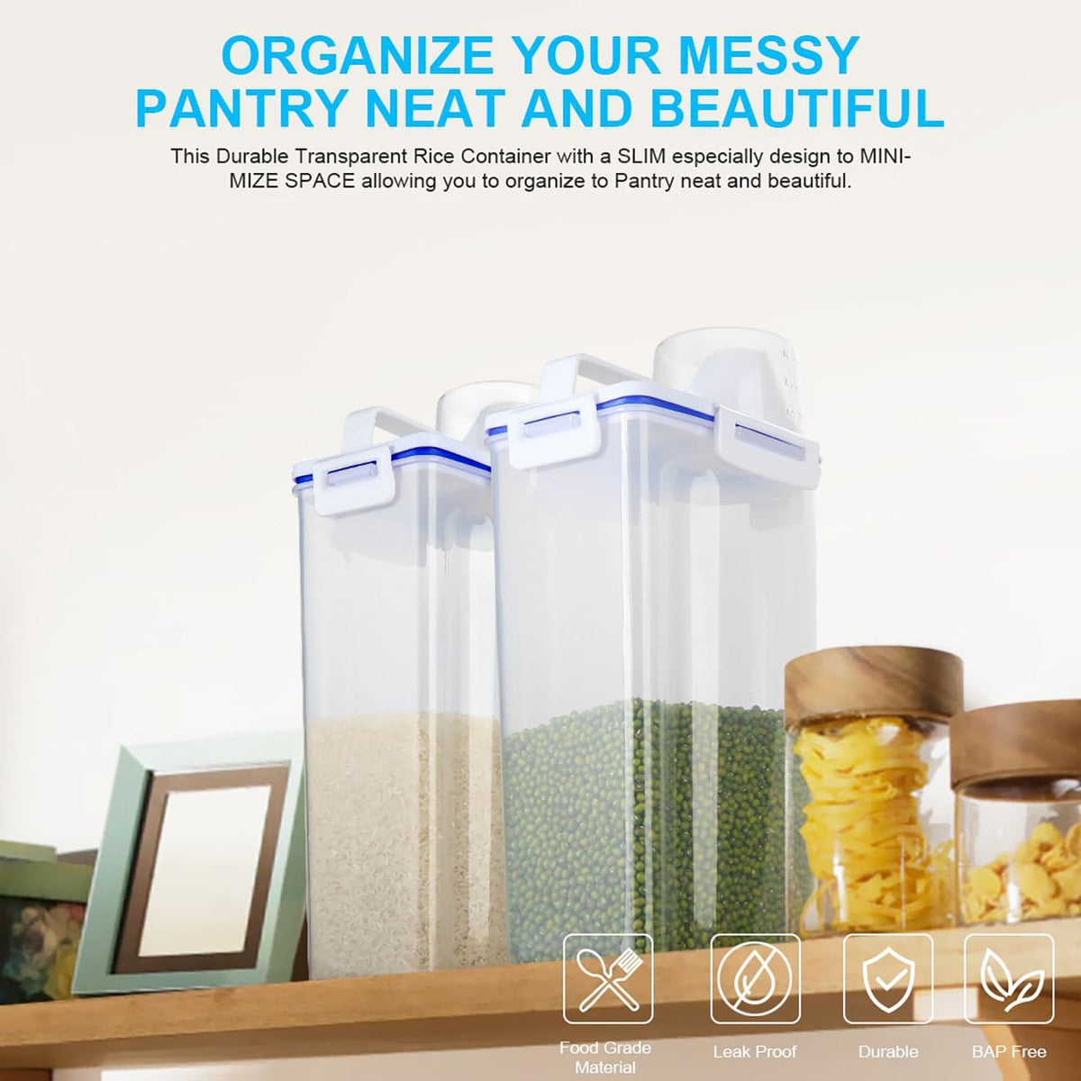 Uppetly Rice Airtight Dry Food Storage Containers, BPA Free Plastic Storage Bin Dispenser with Pourable Spout, Measuring cup for Cereal, Flour and Baking Supplies, Include a Stainless Steel Whisk
