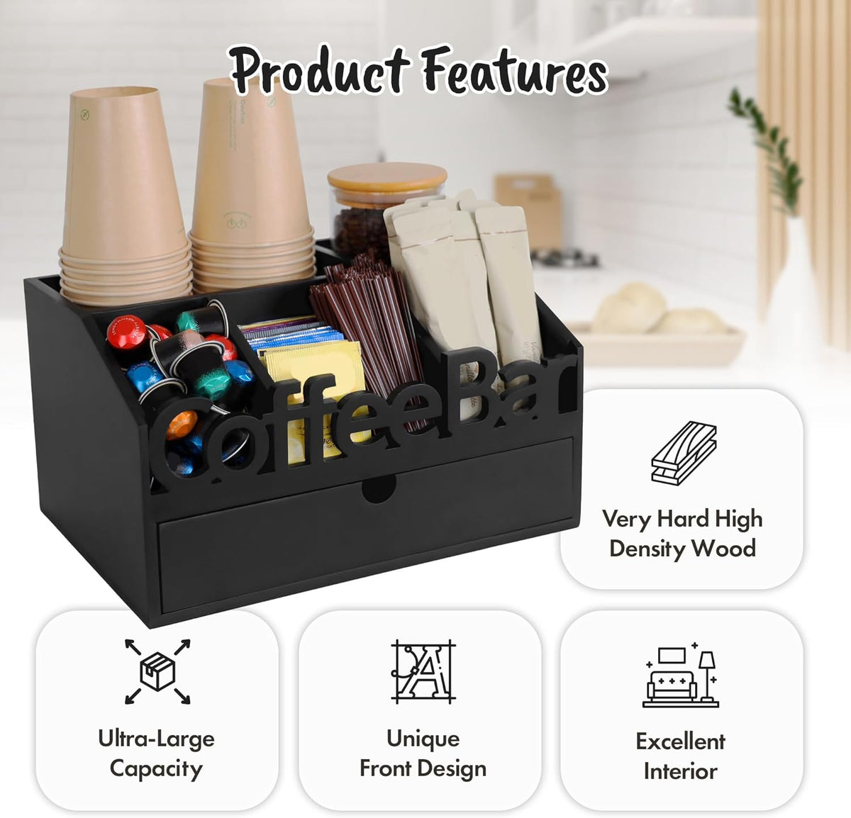 Coffee Bar Organizer for Countertop – Wooden Coffee Caddy with Compartments for Pods, Sugar Packets, and Accessories – Coffee Condiment Station Storage for Home and Office (Black)