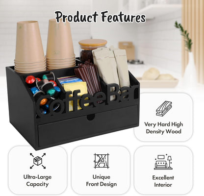 Coffee Bar Organizer for Countertop – Wooden Coffee Caddy with Compartments for Pods, Sugar Packets, and Accessories – Coffee Condiment Station Storage for Home and Office (Black)