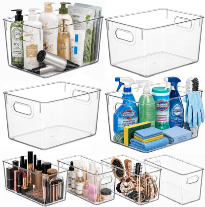 MOONEDGE Set of 4 Clear Plastic Organizer Bins, 2 Large & 2 Small Storage Bins for Pantry, Nestable Space-Saving Containers for Cabinets, Under-Sink, Bathroom, Kitchen & Freezer Organization