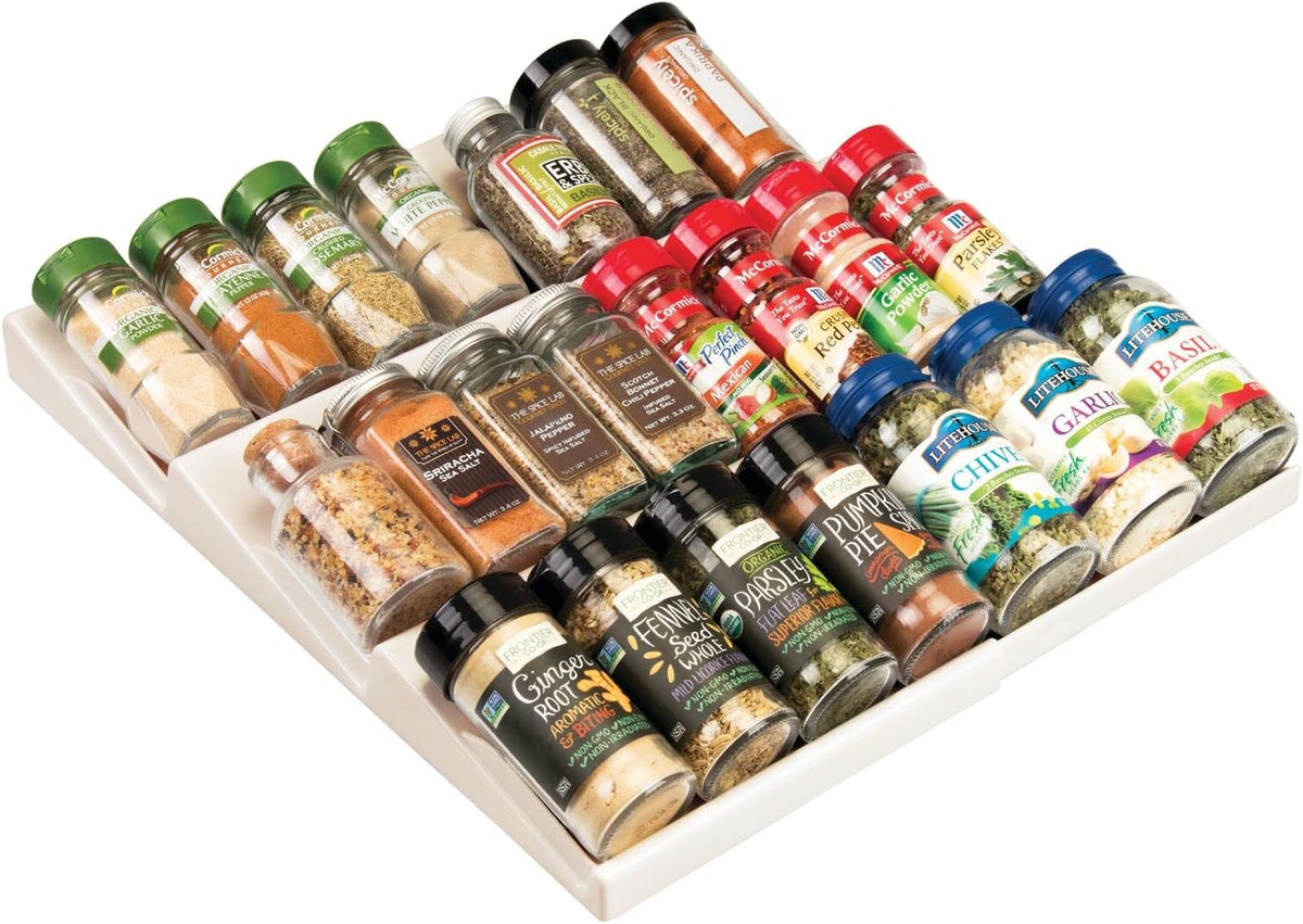 mDesign Expandable Plastic Deluxe Spice Rack, Drawer Organizer for Kitchen Cabinet Drawers, 3 Tier Slanted for Spice Jars, Food Seasoning Bottle Storage, Ligne Collection - Clear