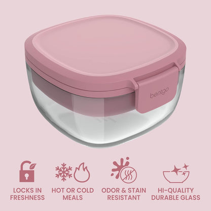 Bentgo Glass Prints Salad Container - 7.6-Cup Tinted Glass Salad Bowl with Airtight Lid, Leak-Proof Sauce Container, 4-Compartment Bento Meal Prep Tray & Reusable Fork (Floral Maximalist - Sea)