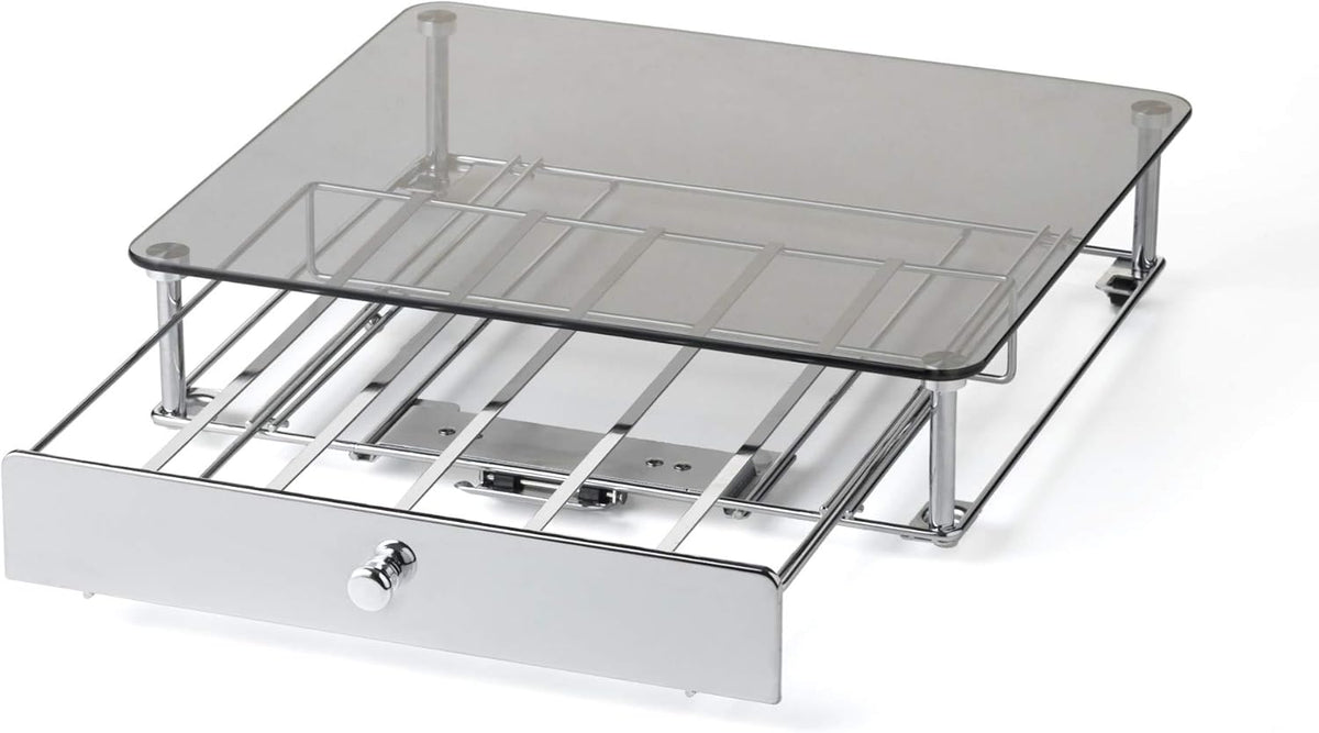 Nifty Rolling Coffee Pod Drawer - Glass Top & Chrome Finish, Compatible with K-Cups, 36 Pod Pack Holder, Compact Under Coffee Pot Storage Drawer, Slim Home Kitchen Counter Organizer