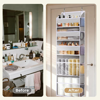 5 Tiers Over the Door Organizer with 10 Mesh Side Pockets, 44 lbs Weight Capacity Closet Hanging Storage Organizer with Large Clear Window Kids Toys, Shoes, Diapers, Beige
