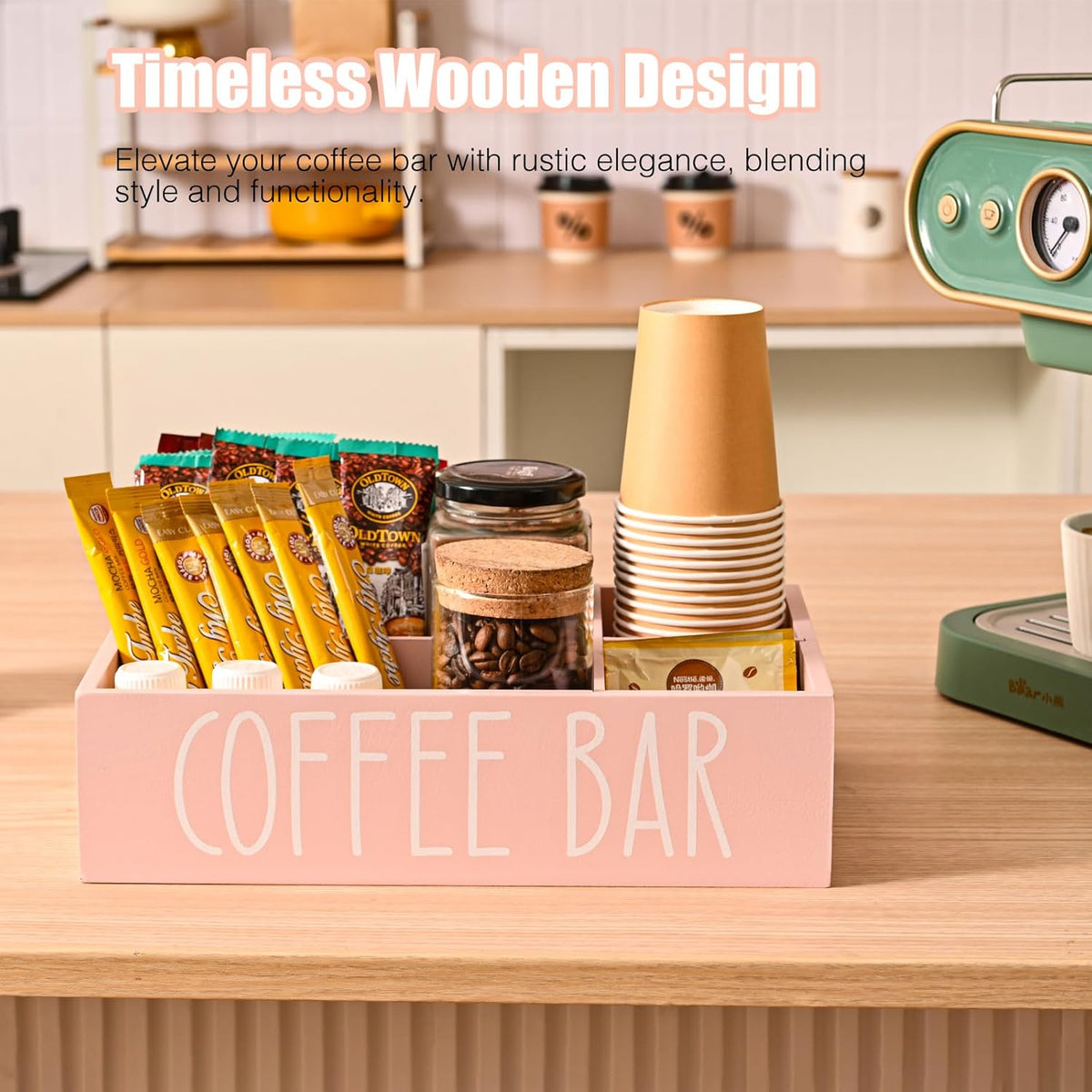 STORAGENIE Wooden Coffee Station Organizer – Removable Dividers, Storage for Coffee Pods, Tea Bags & Accessories, Oasis Blue (11.8" x 7.87" x 3.15")