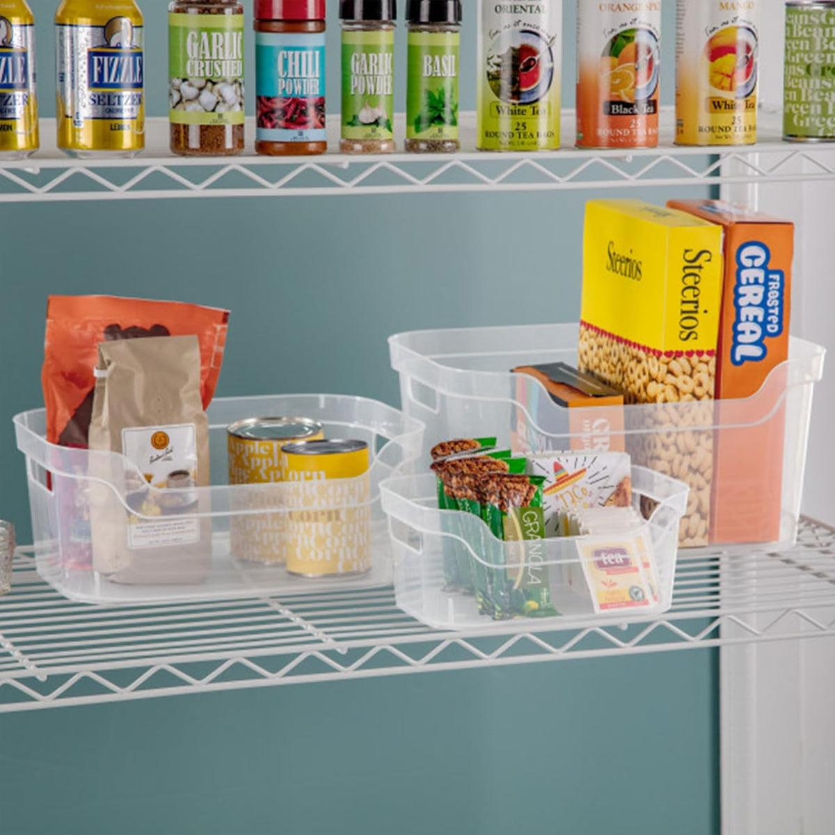Sterilite 7 x 11 x 14.25 Inch Polished Open Scoop Front Storage Bin with Comfortable Carry Through Handles for Household Organization, Clear
