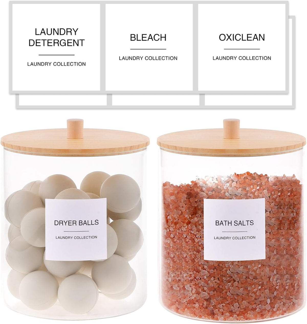 Glass Jars and Acrylic Dryer Sheet Holder, Laundry Pods Container with Bamboo Lid and 27 Labels, Powder Detergent Containers for Laundry Room Organization, Storage Jars Set (3 Pack, Black)