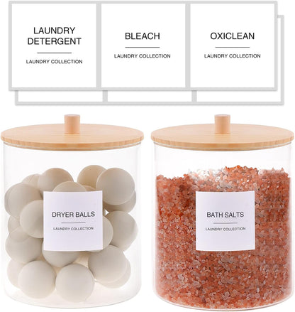 Glass Jars and Acrylic Dryer Sheet Holder, Laundry Pods Container with Bamboo Lid and 27 Labels, Powder Detergent Containers for Laundry Room Organization, Storage Jars Set (3 Pack, Black)