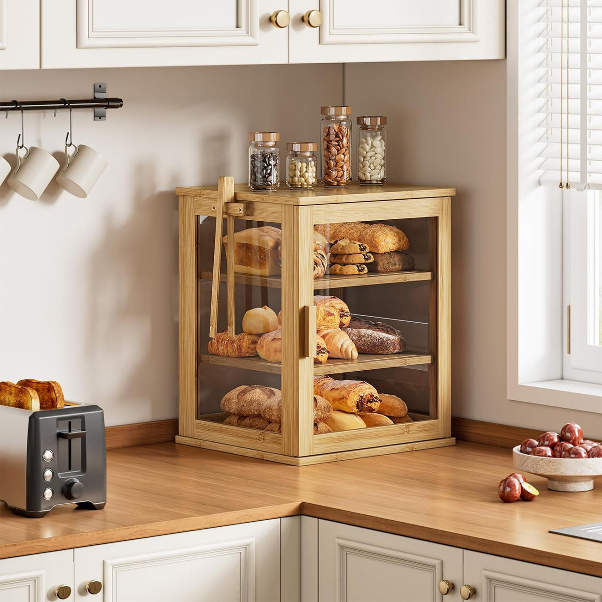 WOWLIVE Black Bread Box for Kitchen Countertop, Large 3 Layers Bread Storage Container for Homemade Bread with Window, Farmhouse Breadbox Organizer for Kitchen, Cabinet, Pantry (Black, Meduim)