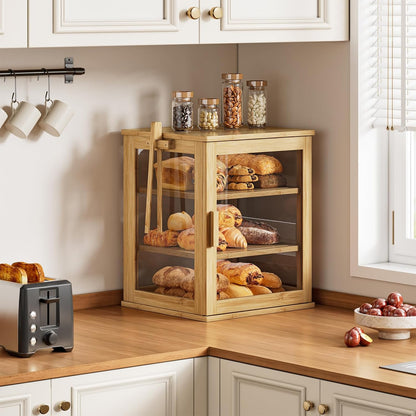 WOWLIVE Black Bread Box for Kitchen Countertop, Large 3 Layers Bread Storage Container for Homemade Bread with Window, Farmhouse Breadbox Organizer for Kitchen, Cabinet, Pantry (Black, Meduim)