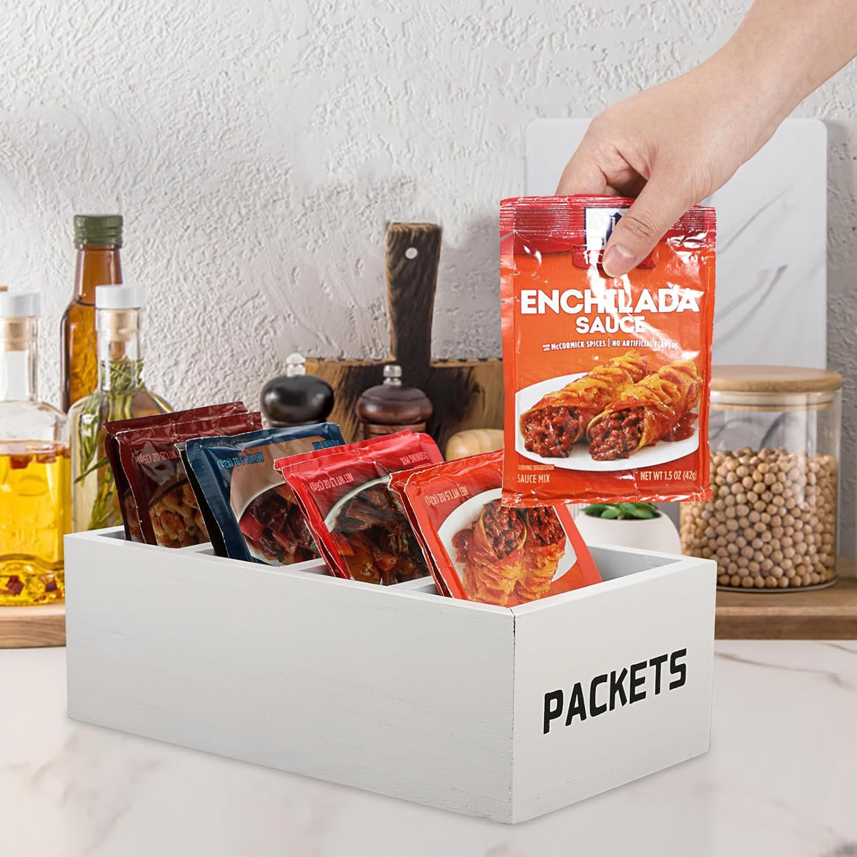 BSTKEY Seasoning Packet Organizer, Food Packet Storage Organizer with 4 Compartments, Wooden Storage Caddy for Kitchen Pantry Cabinet, Farmhouse Kitchen Organization Bin for Snacks Spice Packets