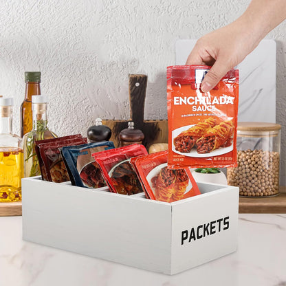 BSTKEY Seasoning Packet Organizer, Food Packet Storage Organizer with 4 Compartments, Wooden Storage Caddy for Kitchen Pantry Cabinet, Farmhouse Kitchen Organization Bin for Snacks Spice Packets