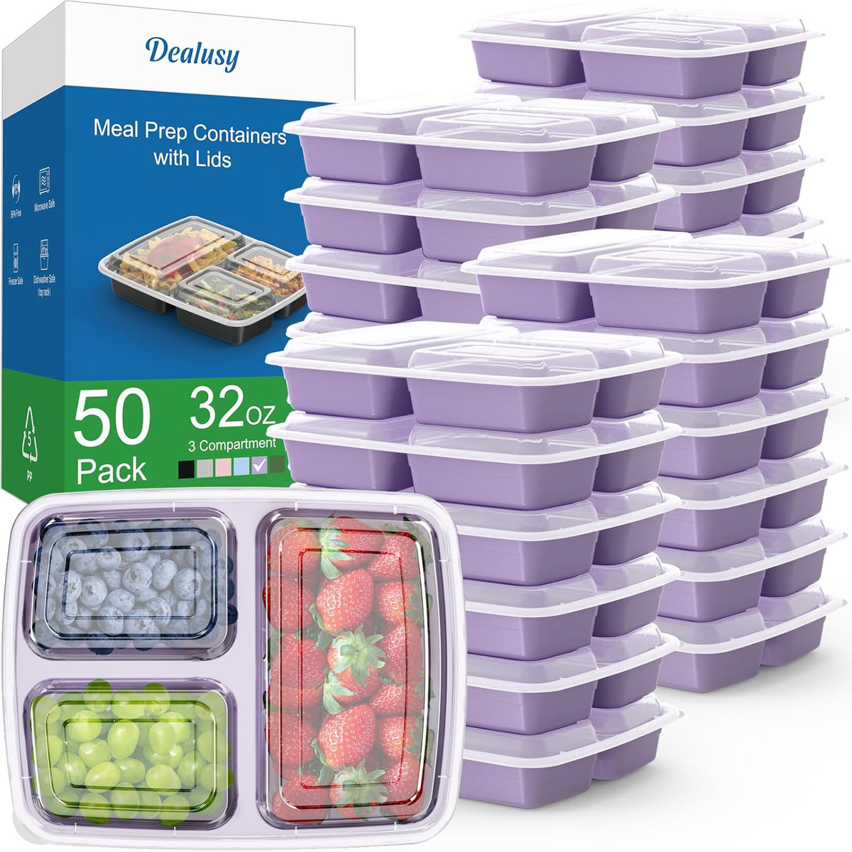 50 Pack (100-Piece) 32 oz Meal Prep Containers Reusable with Lids 3-Compartment, To Go Take Out Plastic Food Storage Containers, Sturdy Leakproof Food Safe, Microwave Freezer Dishwasher Safe, Black