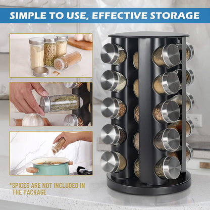 Tianifa Black Countertop Revolving Spice Rack, Empty 20-Jars Rotating Spice Rack Organizer, Round Carousel Tower, 135 Spice Labels with Funnel Complete Set, for Kitchen Countertop, Cabinet