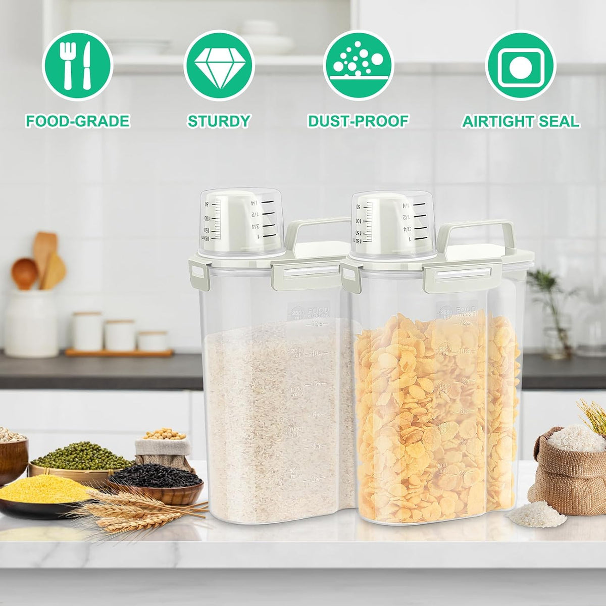 TBMax Rice Container Cereal Storage Container 2 Pack 5 Lbs, Kitchen Pantry Dry Food Storage Holder with Easy-Pouring Spout & Handy Cup, Small Pet Dog Cat Food Dispenser for Daily Feeding -Grey