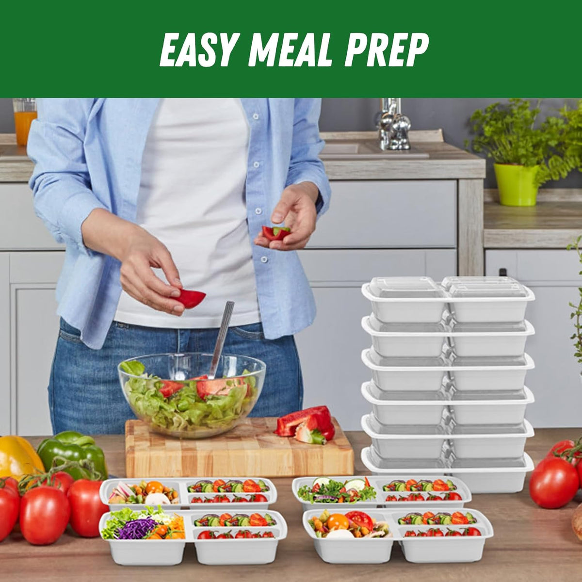 50 Pack (100-Piece) 32 oz Meal Prep Containers Reusable with Lids 3-Compartment, To Go Take Out Plastic Food Storage Containers, Sturdy Leakproof Food Safe, Microwave Freezer Dishwasher Safe, Black