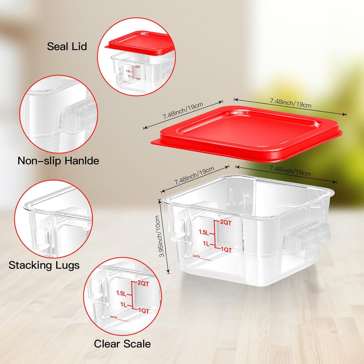 4 pcs 4qt Food Storage Containers with Lid, Square Clear Commercial Food Storage Containers with Handle and Scale for Food Storage in Home Kitchen & Dining (Green)
