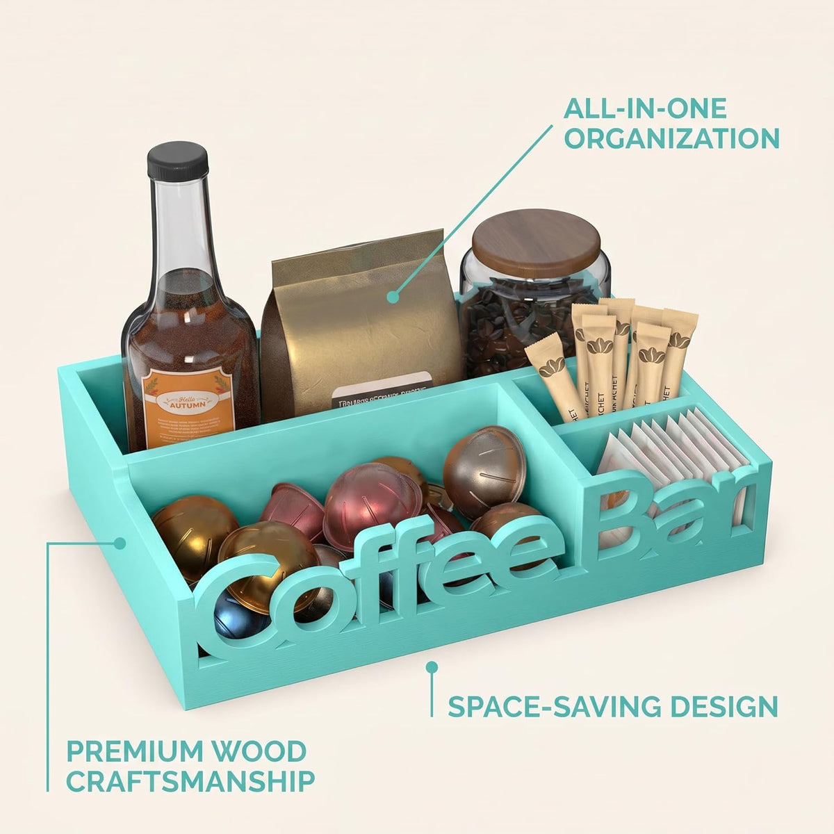 Coffee Bar Organizer for Countertop – Wooden Coffee Caddy with Compartments for Pods, Sugar Packets, and Accessories – Coffee Condiment Station Storage for Home and Office (Black)