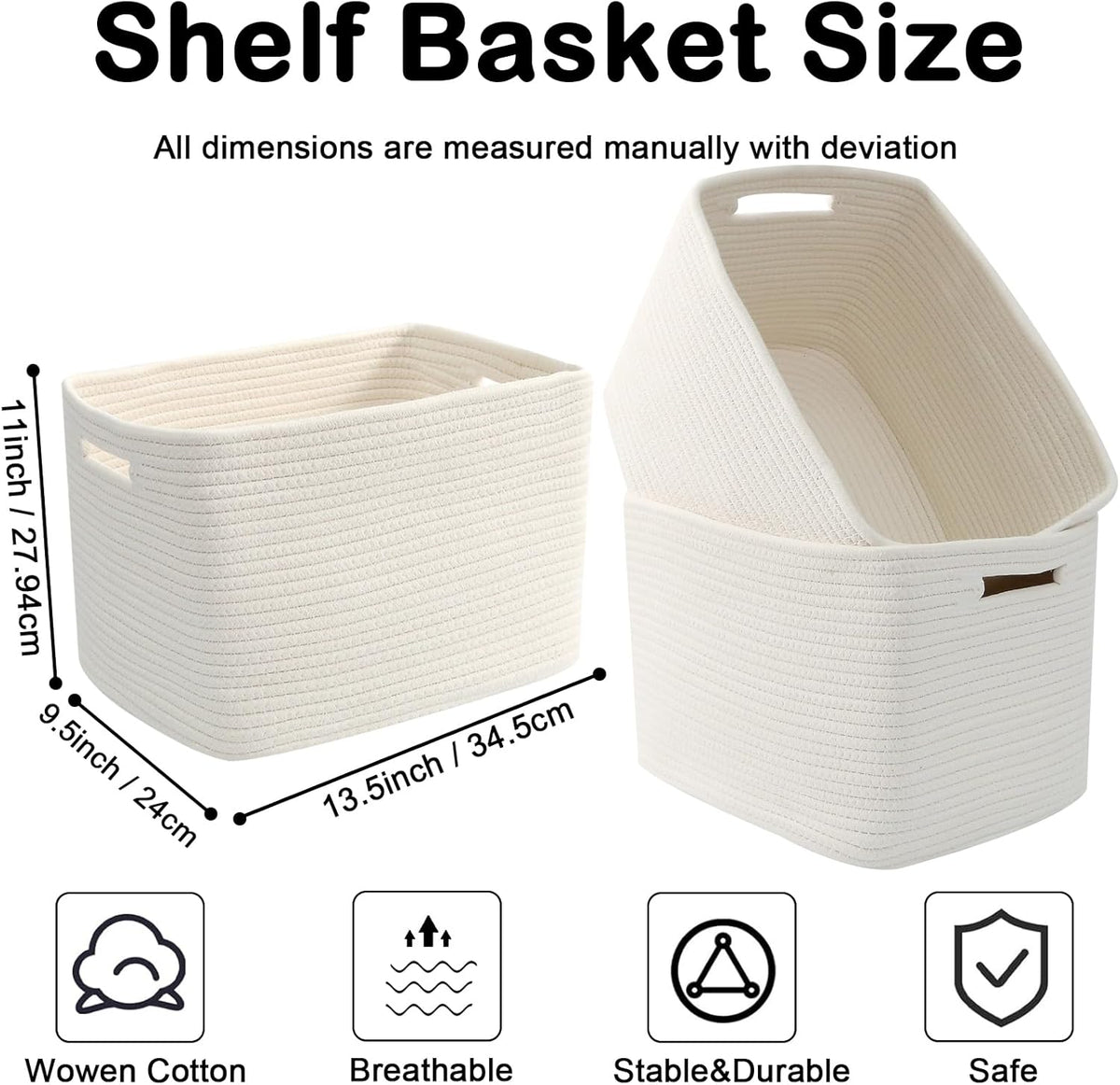 3 Pack Woven Rope Storage Baskets for Shelves,13.5"×11"×9.5" Storage Bins with Handles,Empty Gift Baskets,Nursery Organizer for Toys,Towels,Books,Closet,Living Room,Bedroom (White & Brown)