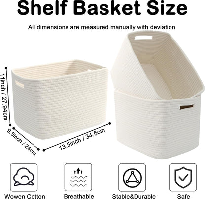 3 Pack Woven Rope Storage Baskets for Shelves,13.5"×11"×9.5" Storage Bins with Handles,Empty Gift Baskets,Nursery Organizer for Toys,Towels,Books,Closet,Living Room,Bedroom (White & Brown)