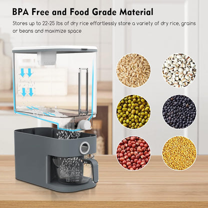 VenDotbi Rice Dispenser, 22-25 Lbs Rice Container with Measuring Cup, Upgraded Built-in Fresh Box, Cereal Dispenser Storage with Lids for Home Kitchen Pantry Rice Soybean Corn-Grey