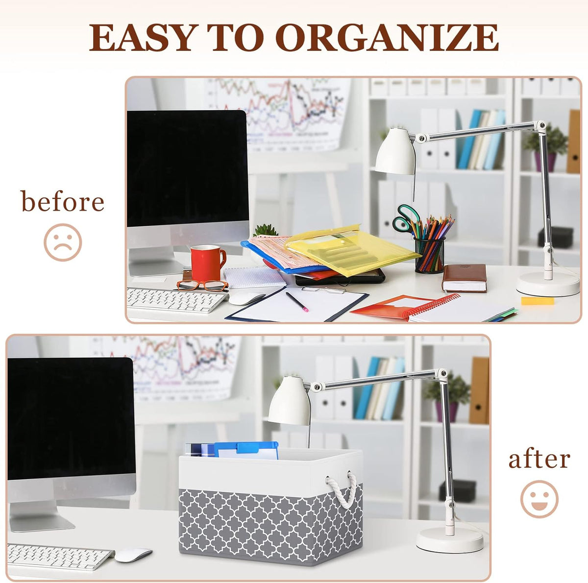 Fab totes Storage Bins, Foldable Storage Baskets for Organizing Toys, Books, Shelves, Closet, Large Storage Box with Rope Handles, Sturdy Organizer Bins, White & Grey