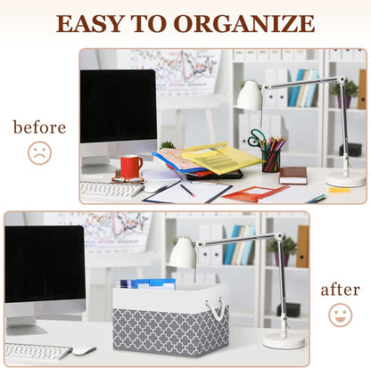 Fab totes Storage Bins, Foldable Storage Baskets for Organizing Toys, Books, Shelves, Closet, Large Storage Box with Rope Handles, Sturdy Organizer Bins, White & Grey