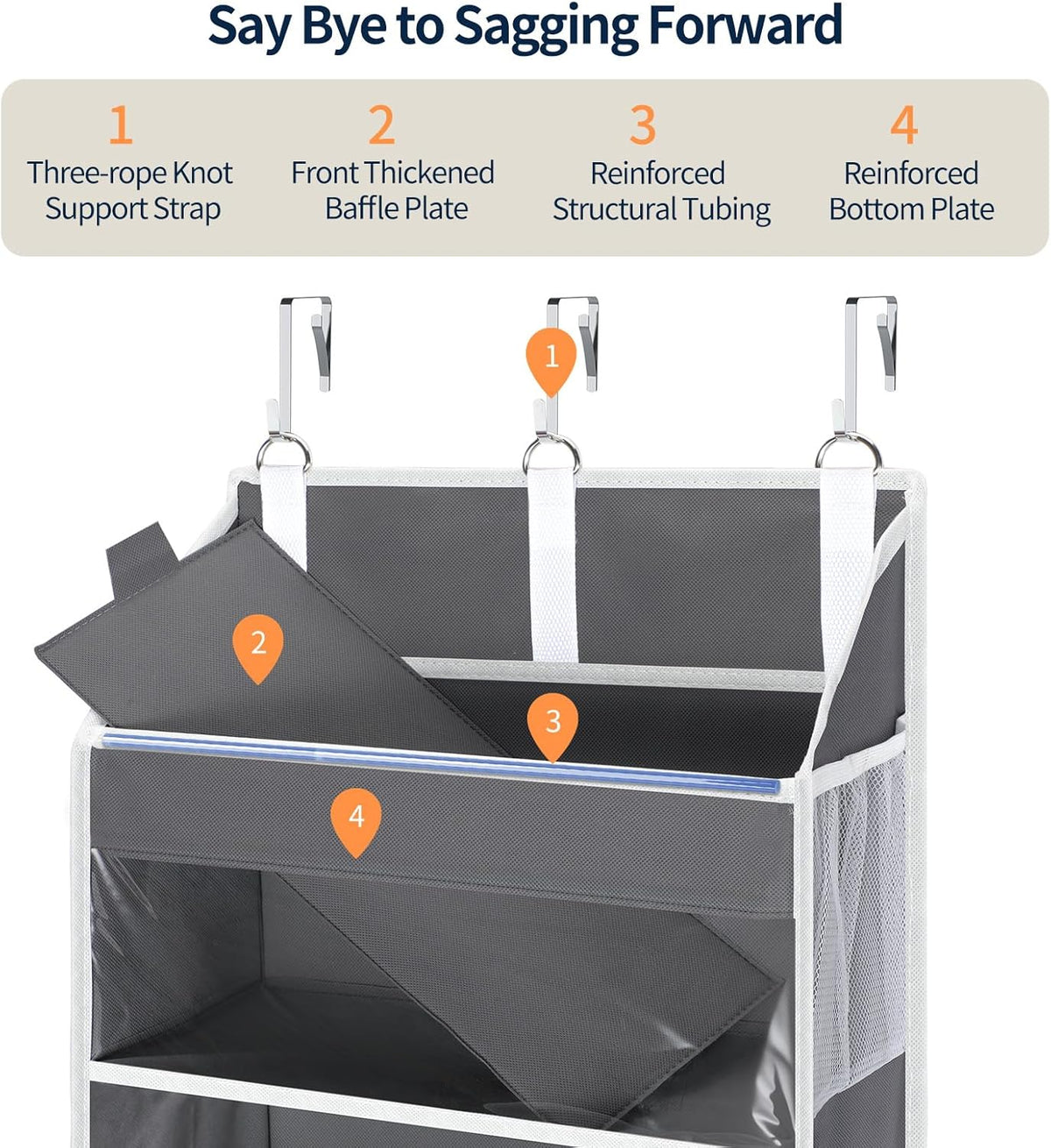 Yecaye Over the Door Organizer 5 Tiers, Heavy Duty Hanging Storage with 5 Large Clear PVC Pockets and 10 Side Pockets, 56lbs Capacity for Closet Door Bathroom Bedroom Nursery Dorm Laundry Room, Grey