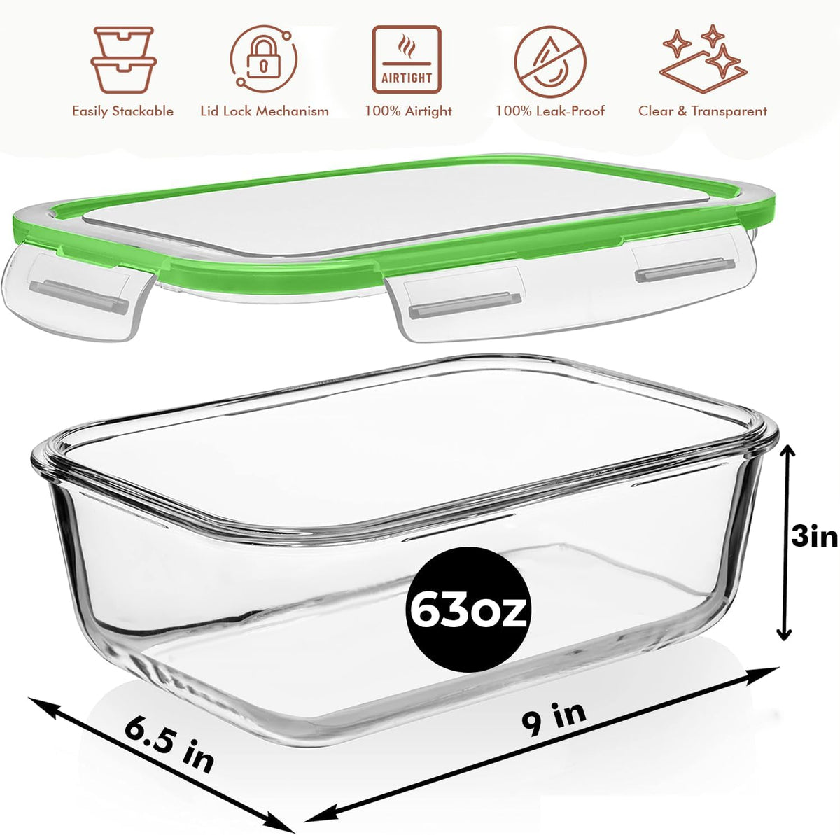 8 Cups/ 63 Oz 4 Piece (2 containers + 2 Lids) Large Glass Food Storage/ Baking Containers with Locking Lids . Ideal for Storing food, vegetables or fruits. BPA Free & Leak Proof -Microwave, Oven Safe