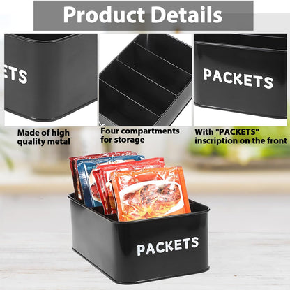 BSTKEY Seasoning Packet Organizer, Food Storage Organizer with Divided 4 Compartments, Metal Storage Caddy for Kitchen Pantry Cabinet, Kitchen Organization Bin for Snacks Spice Packets, Black
